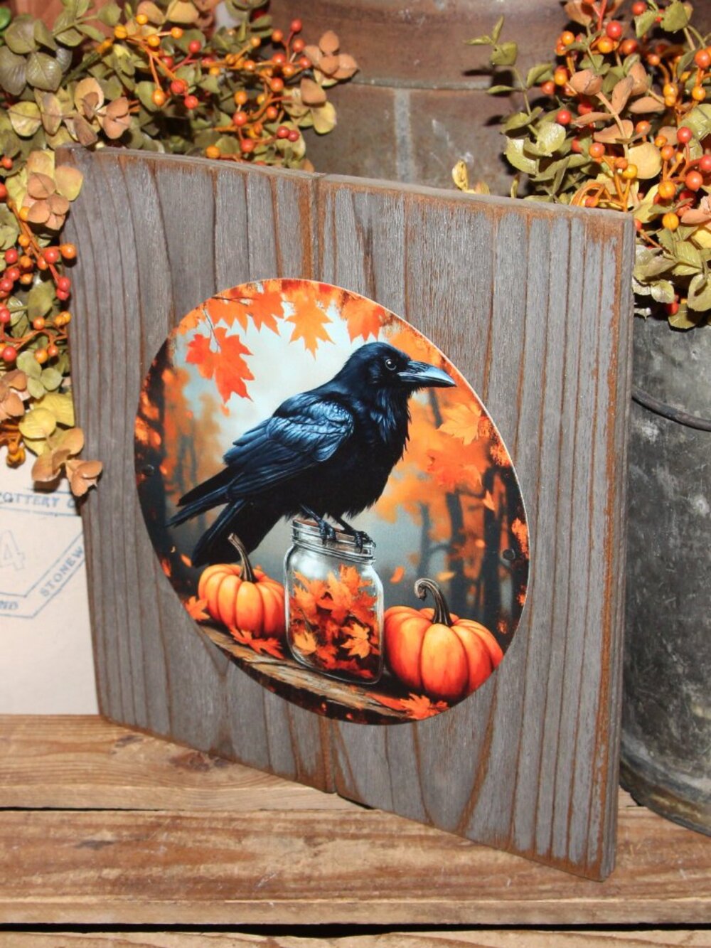 NEW Raven Crow Black Bird Pumpkin Primitive Fall Farmhouse Wall Decor Plaque